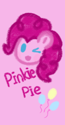 Size: 1080x2059 | Tagged: safe, artist:cui5255365, pinkie pie, earth pony, pony, g4, character name, cute, cutie mark, diapinkes, head only, looking at you, name, one eye closed, pink background, simple background, solo, wink, winking at you