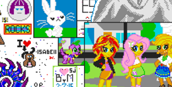 Size: 1920x974 | Tagged: safe, angel bunny, applejack, fluttershy, spike, sunset shimmer, dog, human, equestria girls, g4, digital art, heart, pixel art, spike the dog