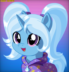 Size: 1972x2044 | Tagged: safe, artist:codenamekid, gameloft, trixie, pony, unicorn, g4, my little pony: magic princess, alternate hairstyle, babysitter trixie, clothes, cute, diatrixes, gem, gradient background, gridlines, headband, highlights, hoodie, horn, looking at you, open mouth, open smile, pigtails, shading, smiling, solo, twintails