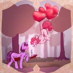 Size: 2048x2048 | Tagged: safe, artist:sidecharacterenergy, pinkie pie, twilight sparkle, earth pony, pony, unicorn, g4, balloon, blushing, book, duo, duo female, female, floating, heart, heart balloon, lesbian, letter, levitation, magic, mare, outdoors, ship:twinkie, shipping, telekinesis, then watch her balloons lift her up to the sky, tree, unicorn twilight