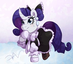 Size: 1600x1400 | Tagged: safe, artist:swasfews, rarity, pony, unicorn, g4, bow, clothes, cloud, curved horn, dress, ear piercing, earring, female, hair bow, hair bun, hoof gloves, hoof on chin, horn, jewelry, maid, maidity, mare, piercing, requested art, shoes, signature, solo, sweat, sweatdrop