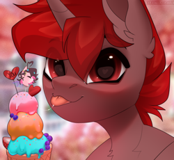 Size: 2346x2160 | Tagged: safe, artist:elektra-gertly, oc, oc:hardy, oc:key mash, alicorn, pony, :p, bust, food, heart, ice cream, male, portrait, stallion, tongue out