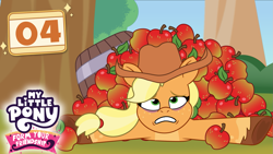 Size: 1281x720 | Tagged: safe, artist:prixy05, applejack, earth pony, pony, my little pony: form your friendship, applebuck season, g4, my little pony: friendship is magic, apple, female, food, mare, pile, solo, tell your tale style, thumbnail