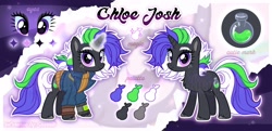 Size: 2560x1244 | Tagged: safe, artist:seurnik, oc, oc only, oc:chloe josh, pony, unicorn, fallout equestria, black coat, brown hooves, cutie mark, freckles, green hair, horn, palette, pipbuck, pony reference, potion, potion bottle, purple eyes, purple hair, rarity eyes, reference, reference sheet, solo, white eyebrows, white hair