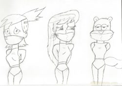 Size: 1005x713 | Tagged: safe, artist:bluesplendont, octavia melody, human, squirrel, anthro, equestria girls, g4, abuse, arm behind back, bondage, bound and gagged, crossover, female, foster's home for imaginary friends, frankie foster, gag, kidnapped, monochrome, spongebob squarepants, tavibuse, tied up, traditional art, trio, trio female, unamused, worried