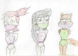 Size: 3091x2237 | Tagged: safe, alternate version, artist:bluesplendont, octavia melody, human, squirrel, anthro, equestria girls, g4, abuse, arm behind back, bondage, bound and gagged, colored, crossover, female, foster's home for imaginary friends, frankie foster, gag, kidnapped, sandy cheeks, spongebob squarepants, tavibuse, tied up, traditional art, trio, trio female, unamused, worried