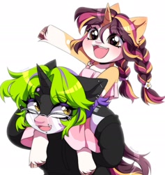 Size: 1927x2036 | Tagged: safe, artist:seurnik, oc, oc only, oc:alexa fochune, oc:seurnik, pony, unicorn, black and white coat, blushing, brown eyes, brown hooves, clothes, dress, ear piercing, female, feral, gap teeth, green hair, happy, hazel eyes, hoodie, horn, orange and white coat, orange locks, piercing, pigtails, pink dress, pink locks, purple hair, riding on shoulders, siblings, sisters, smile without one tooth, smiling, spots, thick eyebrows