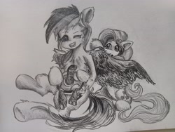 Size: 4160x3120 | Tagged: safe, artist:cui5255365, fluttershy, rainbow dash, pegasus, pony, turtle, g4, female, mare, monochrome, one eye closed, open mouth, open smile, pencil drawing, smiling, traditional art, wink