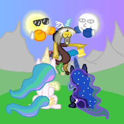 Size: 512x512 | Tagged: safe, artist:alumina nitride, discord, princess celestia, princess luna, g4, clothes, controller, digital art, fight, gloves, moon, pixel art, pixel-crisp art, sun, sunglasses