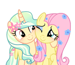 Size: 1409x1220 | Tagged: safe, alternate version, artist:cstrawberrymilk, fluttershy, oc, oc:petunia mist, pony, unicorn, g4, female, horn, hug, mare, simple background, transparent background, winghug, wings