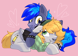 Size: 4200x3000 | Tagged: safe, artist:slushpony, hybrid, pegabat, pegasus, clothes, cuddling, duo, duo male, lip piercing, male, nose piercing, nose ring, piercing, spiked wristband, stallion, wristband