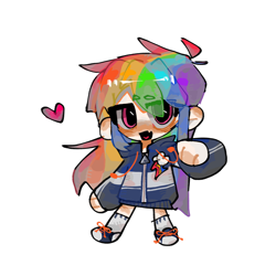 Size: 2560x2560 | Tagged: safe, artist:cui5255365, rainbow dash, human, g4, chibi, clothes, converse, full body, heart, humanized, multicolored hair, rainbow hair, shoes, simple background, socks, solo, white background