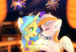 Size: 2732x1868 | Tagged: artist needed, safe, oc, oc only, oc:daodao, oc:leonsu, pegasus, unicorn, fireworks, horn, lantern, night, paper lantern, pegasus oc, unicorn oc