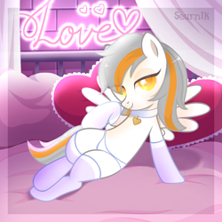 Size: 1600x1600 | Tagged: safe, artist:seurnik, oc, oc only, oc:daodao, pegasus, pony, belly, clothes, collar, couch, curtains, female, heart, indoors, looking at you, lying down, mare, panties, pegasus oc, socks, spread wings, text, underwear, white panties, white underwear, window, wings