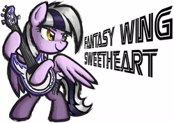 Size: 4320x3060 | Tagged: safe, artist:forgeey, oc, oc only, oc:fantasy wing sweetheart, pegasus, fighting is magic, guitar, musical instrument, pegasus oc, simple background, solo, spread wings, standing on two hooves, text, wings