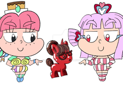 Size: 900x639 | Tagged: safe, artist:confis816, raven, oc, oc:eclair, oc:trisha, human, pony, unicorn, g4, :o, bad end, candy, cherry, chocolate, clothes, cute, deviantart watermark, duo, duo female, evil smile, female, food, food transformation, glasses, hair bun, horn, hug, human and pony, human female, inanimate tf, inanimate transformation, magic, mare, necktie, obtrusive watermark, open mouth, ravenbetes, secretary, shrinking, simple background, smiling, surprised, team up, transformation, transparent background, watermark, witch, woman