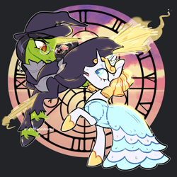 Size: 2048x2048 | Tagged: safe, artist:thiscatdraws, pony, unicorn, broom, clothes, dress, elphaba, glinda the good witch, hat, horn, looking at each other, looking at someone, ponified, the wizard of oz, wicked, witch hat