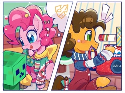 Size: 2753x2045 | Tagged: safe, artist:rlabbiy, cheese sandwich, pinkie pie, earth pony, pony, g4, 2 panel comic, bag, blurry background, blushing, bow, cheese, christmas, clothes, comic, creeper (minecraft), emanata, female, food, holiday, male, mare, mouth hold, scarf, stallion, sweater, tail, tail bow, thought bubble