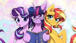 Size: 3410x1925 | Tagged: safe, artist:avrameow, starlight glimmer, sunset shimmer, twilight sparkle, pony, unicorn, g4, book, glasses, horn, open mouth