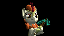 Size: 3840x2160 | Tagged: safe, artist:blitzythepony, autumn blaze, kirin, g4, 3d, :3, black background, diamond pickaxe, gmod, hoof hold, minecraft, pickaxe, simple background, solo