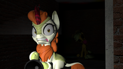 Size: 3840x2160 | Tagged: safe, artist:blitzythepony, applejack, autumn blaze, earth pony, kirin, pony, g4, 3d, black sclera, flashlight (object), gmod, open mouth, scared, shrunken pupils, sitting, spooky, torch, void eyes, when you see it, worried