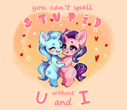 Size: 2804x2431 | Tagged: safe, artist:polnocnykot, starlight glimmer, trixie, pony, unicorn, g4, auction, bipedal, blushing, cheek fluff, chest fluff, chibi, commission, cute, duo, duo female, ear fluff, eyebrows, eyes closed, female, funny, great and powerful, happy, heart, holiday, horn, hug, leg fluff, lesbian, love, open mouth, open smile, ship:startrix, shipping, smiling, stars, text, unshorn fetlocks, valentine, valentine's day, valentine's day card, ych example, your character here