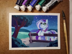 Size: 4032x3024 | Tagged: safe, artist:dandy, oc, oc only, oc:scout, earth pony, pony, :3, earth pony oc, eye clipping through hair, female, fence, gouache, mare, night, passepartout, photo, solo, stargazing, stars, traditional art, tree