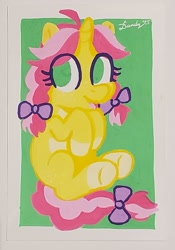 Size: 1403x1999 | Tagged: safe, artist:dandy, oc, oc only, pony, unicorn, acrylic painting, blank flank, bow, female, filly, filly oc, foal, freckles, hair bow, horn, looking at you, open mouth, open smile, passepartout, photo, smiling, solo, traditional art, unicorn oc