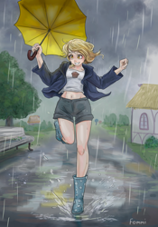 Size: 2893x4133 | Tagged: safe, artist:fomminator, derpy hooves, human, g4, clothes, fanfic, fanfic art, fanfic cover, grin, happy, hoodie, humanized, midriff, puddle, rain, rain boots, shorts, smiling, solo, umbrella