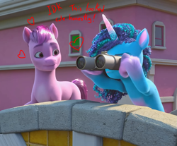 Size: 1305x1080 | Tagged: safe, edit, edited screencap, screencap, blossom tart, misty brightdawn, earth pony, unicorn, g5, binoculars, duo, duo male and female, female, horn, male, mare, ship:mistytart, shipping, stallion, straight