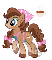 Size: 1724x2000 | Tagged: safe, artist:ponypark, earth pony, pony, g4, alternate hair color, apron, bandana, bow, chocolate, clothes, cocoa (wild manes), colored hooves, cup, cutie mark, eye clipping through hair, eyeshadow, female, food, freckles, gradient legs, gradient muzzle, hair bow, hooves, hot chocolate, makeup, mare, polka dots, ponified, raised hoof, reference, simple background, smiling, smoke, solo, tail, tail bow, white background, wild manes