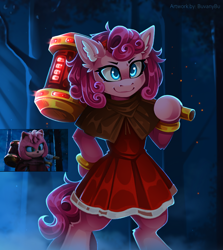 Size: 2232x2500 | Tagged: safe, artist:buvanybu, pinkie pie, hedgehog, g4, amy rose, bipedal, clothes, cosplay, costume, dress, female, forest, hammer, inset, nature, outdoors, sonic the hedgehog (series), tree