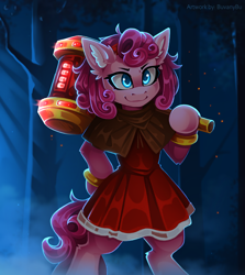 Size: 2232x2500 | Tagged: safe, alternate version, artist:buvanybu, pinkie pie, g4, amy rose, bipedal, clothes, cosplay, costume, dress, female, forest, hammer, nature, outdoors, sonic the hedgehog (series), tree