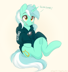 Size: 1500x1587 | Tagged: safe, artist:higglytownhero, lyra heartstrings, pony, unicorn, g4, american football, blushing, clothes, dialogue, eye clipping through hair, female, hoodie, horn, looking up, mare, philadelphia eagles, raised hooves, simple background, sitting, smiling, solo, sports, super bowl, super bowl xxv