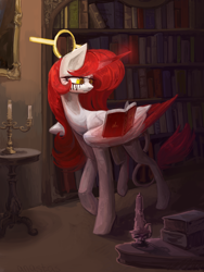 Size: 3000x4000 | Tagged: safe, artist:anastas, oc, oc only, oc:dersha, alicorn, pony, alicorn oc, book, candle, commission, female, horn, indoors, library, magic, mare, reading, solo, teary eyes, wings