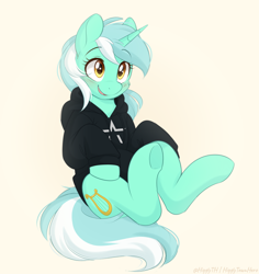 Size: 1500x1587 | Tagged: safe, alternate version, artist:higglytownhero, lyra heartstrings, pony, unicorn, g4, blushing, clothes, dialogue, eye clipping through hair, female, hoodie, horn, looking up, mare, raised hooves, simple background, sitting, smiling, solo, starset