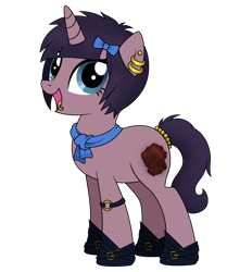 Size: 840x951 | Tagged: safe, artist:reitanna-seishin, oc, oc only, oc:suey side, unicorn, :d, accessory, blue eyes, clothes, ear piercing, hairclip, horn, lip piercing, looking at you, open mouth, open smile, piercing, scarf, shoes, simple background, smiling, solo, tail bracelet, transparent background