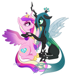 Size: 2100x2200 | Tagged: safe, artist:acidigon, princess cadance, queen chrysalis, alicorn, changeling, pony, g4, female, infidelity, lesbian, mare, ship:cadalis, shipping, simple background, transparent background