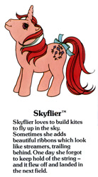 Size: 550x1000 | Tagged: safe, skyflier, pony, unicorn, g1, my little pony fact file, official, adoraflier, bow, closed mouth, cute, female, g1 backstory, horn, mare, smiling, solo, tail, tail bow, text