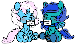 Size: 2606x1500 | Tagged: safe, artist:anykoe, oc, oc only, oc:gentle heart, oc:melody, bat pony, unicorn, bat pony oc, blushing, clothes, collar, commission, cute, duo, ear piercing, earring, eyes closed, horn, jewelry, piercing, plushie, sign, simple background, sitting, socks, spread wings, text, transparent background, unicorn oc, wings, ych result, your character here