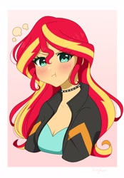 Size: 1428x2048 | Tagged: safe, artist:kittyrosie, sunset shimmer, equestria girls, g4, :t, annoyed, blushing, breasts, choker, clothes, cute, dress, female, hmph, jacket, leather, leather jacket, shimmerbetes, solo, spiked choker, sundress