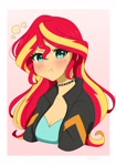 Size: 1428x2048 | Tagged: safe, artist:kittyrosie, sunset shimmer, human, equestria girls, g4, :t, angry, annoyed, blushing, breasts, bust, choker, cleavage, clothes, cute, female, hmph, jacket, leather, leather jacket, madorable, passepartout, pouting, shimmerbetes, signature, solo, spiked choker