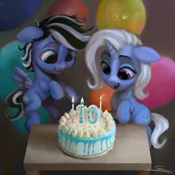 Size: 375x375 | Tagged: safe, artist:tuskonline, trixie, oc, oc:thistle tube, pegasus, pony, unicorn, g4, balloon, cake, candle, celebration, cutie mark, description, food, horn, pegasus oc, smiling, thank you