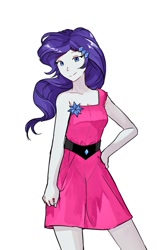 Size: 676x1024 | Tagged: safe, artist:dusknebula, rarity, human, equestria girls, g4, clothes, dress, female, hand on hip, looking at you, pink dress, simple background, smiling, solo, white background