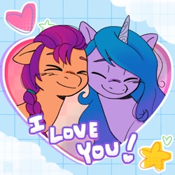 Size: 2048x2048 | Tagged: safe, artist:l211art, izzy moonbow, sunny starscout, earth pony, unicorn, g5, commission, commissioner:raritybro, cute, eyes closed, female, heart, horn, lesbian, nuzzling, ship:moonscout, shipping, smiling, ych result