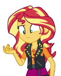 Size: 1198x1484 | Tagged: safe, edit, edited screencap, editor:jacksontormbaymaz, screencap, sunset shimmer, equestria girls, g4, my little pony equestria girls: better together, so much more to me, :|, background removed, belt, clothes, confused, cutie mark on clothes, eyebrows, geode of empathy, jewelry, leather, leather belt, leather vest, looking at something, magical geodes, necklace, pink skirt, raised eyebrow, shirt, shoulderless, shoulderless shirt, simple background, spikes, studs, teenager, transparent background, vest