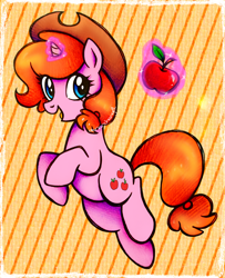 Size: 2342x2881 | Tagged: safe, artist:dariarchangel, oc, oc only, oc:dazha, pony, unicorn, g4, :d, abstract background, adorable face, apple, applejack's cutie mark, applejack's hat, blue eyes, clothes, cosplay, cowboy hat, cute, cute face, cute smile, female, female oc, food, glowing, glowing horn, hair tie, hat, horn, in the air, levitation, looking at something, magic, magic aura, mane tie, mare, mare oc, ocbetes, open mouth, open smile, orange hair, orange mane, orange tail, passepartout, pink coat, pony oc, red apple, small horn, smiling, solo, stetson, striped background, tail, tail tie, telekinesis, tied hair, tied mane, tied tail, traditional art, unicorn oc