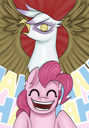 Size: 1668x2388 | Tagged: safe, artist:theedgyduck, part of a set, gilda, pinkie pie, earth pony, griffon, series:leechlord draws every episode, g4, griffon the brush off, my little pony: friendship is magic, angry, duo, duo female, eyes closed, female, laughing, mare, open mouth, part of a series, spread wings, wings