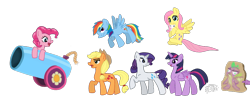 Size: 1070x462 | Tagged: safe, angel bunny, applejack, fluttershy, pinkie pie, rainbow dash, rarity, spike, twilight sparkle, alicorn, dragon, earth pony, pegasus, pony, unicorn, g4, cardboard cutout, claws, equine, eyeroll, female, flying, folded wings, fuse, hand, happy, hat, holding, horn, male, mare, open mouth, party cannon, simple background, smiling, stern, transparent background, twilight sparkle (alicorn), walking, wheel, wings