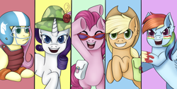 Size: 2388x1202 | Tagged: safe, artist:theedgyduck, part of a set, applejack, fluttershy, pinkie pie, rainbow dash, rarity, earth pony, pegasus, unicorn, series:leechlord draws every episode, dragonshy, g4, my little pony: friendship is magic, applejack's hat, bag, cowboy hat, female, football helmet, hat, helmet, horn, liquid rainbow, looking at you, mare, part of a series, remane five, saddle bag, scene interpretation, simple background, smiling, sunglasses, water wings